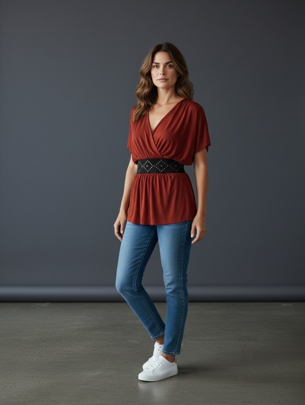 AB Studio Brick Orange V‑Neck Ruched Waist Tunic Top - Picture 8 of 9